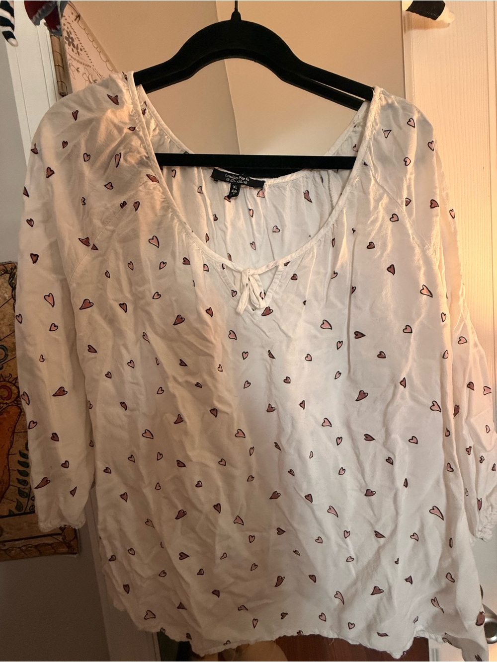 White Heart-Print Peasant Blouse with Tie Detail